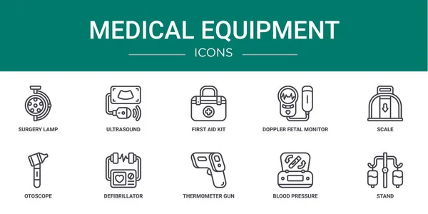 Set Outline Web Medical Equipment Icons Surgery Lamp Ultrasound First — Stock Vector