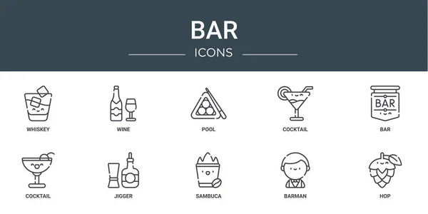 Set Icone Web Bar Contorno Come Whisky Vino Piscina Cocktail — Vettoriale Stock