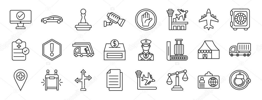 set of 24 outline web immigration icons such as checking, car, rubber stamp, cctv, stop, airport, plane vector icons for report, presentation, diagram, web design, mobile app
