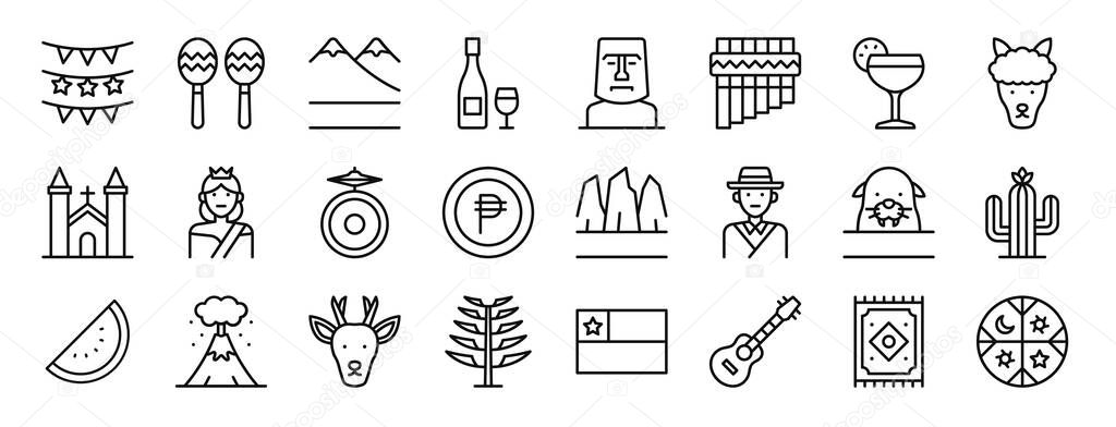set of 24 outline web chile icons such as garland, maracas, andes, wine, moai, siku, pisco sour vector icons for report, presentation, diagram, web design, mobile app