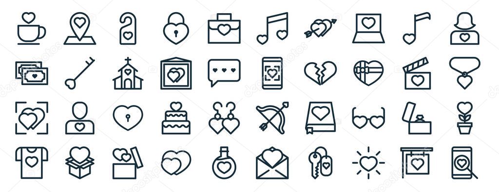 set of 40 outline web love icons such as pin, ticket, couple, shirt, movie, woman, tone icons for report, presentation, diagram, web design, mobile app