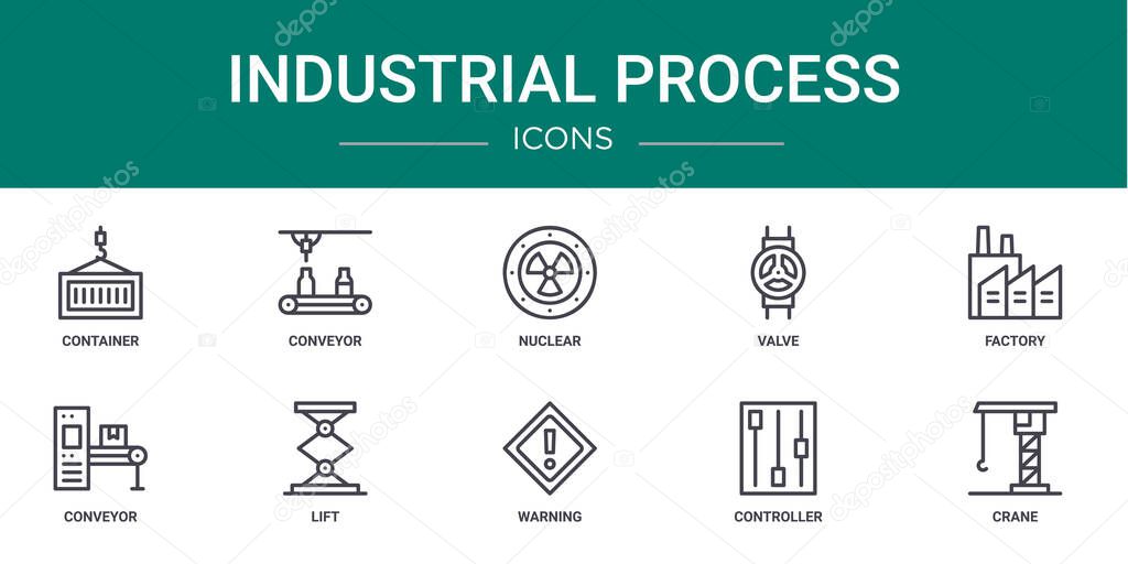 set of 10 outline web industrial process icons such as container, conveyor, nuclear, valve, factory, conveyor, lift vector icons for report, presentation, diagram, web design, mobile app