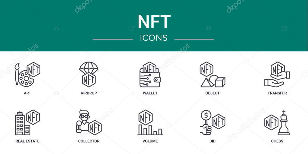 set of 10 outline web nft icons such as art, airdrop, wallet, object, transfer, real estate, collector vector icons for report, presentation, diagram, web design, mobile app