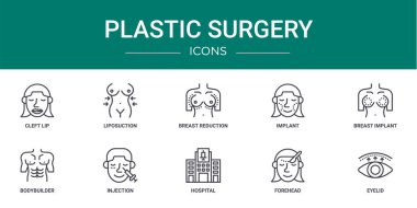 Yarık dudak, liposuction, meme küçültme, implant, göğüs implantı, vücut geliştirici, rapor için enjeksiyon vektör simgeleri, sunum, diyagram, web gibi 10 ana hatlı estetik ameliyat ikonu seti
