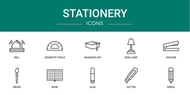 Çan, geometri araçları, mezuniyet şapkası, masa lambası, zımba, fırça, rapor için kitap vektör simgeleri, sunum, diyagram, web tasarımı, mobil uygulama gibi 10 ana hatlı kırtasiye simgesi seti