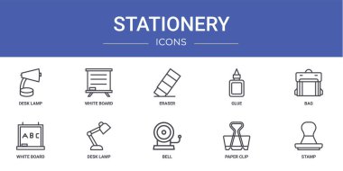 Masa lambası, beyaz tahta, silgi, yapıştırıcı, çanta, beyaz tahta, rapor için masa lambası vektör simgeleri, sunum, diyagram, web tasarımı, mobil uygulama gibi 10 ana hatlı web kırtasiye simgesi seti