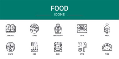 Rapor için takoyaki, köri, soğan halkaları, balık, et, salata, kaburga vektör simgeleri, sunum, diyagram, web tasarımı, mobil uygulama gibi 10 ana hatlı yemek ikonu seti