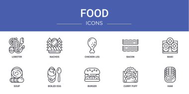 Istakoz, nachos, tavuk budu, pastırma, maki, çorba, haşlanmış yumurta vektör simgeleri gibi 10 ana hatlı yemek ikonu seti sunum, diyagram, web tasarımı, mobil uygulama