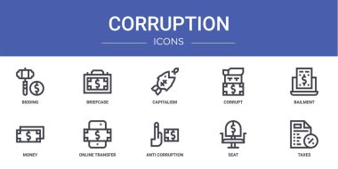 Rapor, sunum, diyagram, web tasarımı, mobil uygulama gibi 10 ana hatlı web yolsuzluk simgesi seti