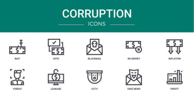 Yem, oy, şantaj, para yok, enflasyon, tehdit, rapor için sızıntı vektör simgeleri, sunum, diyagram, mobil uygulama gibi 10 ana hatlı web yolsuzluk simgesi