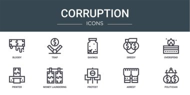 Kanlı, tuzak, tasarruf, aşırı harcama, yazıcı, para aklama vektör simgeleri, sunum, diyagram, web tasarımı, mobil uygulama gibi 10 ana hatlı yolsuzluk simgesi seti