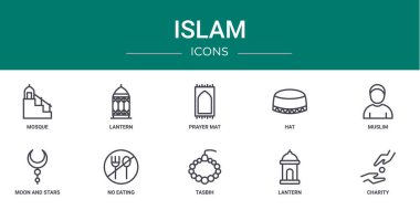 Cami, fener, ibadet minderi, şapka, müslüman, ay ve yıldızlar gibi 10 ana hatlı web İslam simgesi seti, rapor için yemek vektörü simgeleri yok, sunum, diyagram, web tasarımı, mobil uygulama