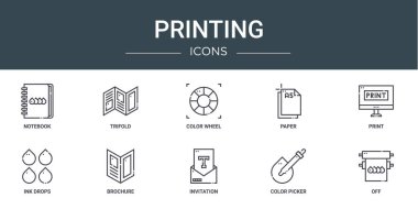 Not defteri, üç katlı, renk tekerleği, kağıt, baskı, mürekkep damlaları, rapor için broşür vektör simgeleri, sunum, diyagram, web tasarımı, mobil uygulama gibi 10 ana hatlı web yazdırma simgesi seti