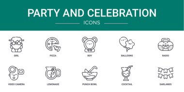 10 ana hatlı web partisi ve kız, pizza, erkek, balonlar, radyo, video kamera, rapor için limonata vektör simgeleri, sunum, diyagram, web tasarımı, mobil uygulama gibi kutlama simgeleri