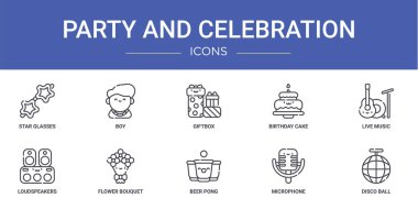 10 ana hatlı web partisi ve yıldız gözlükleri, çocuk, hediye kutusu, doğum günü pastası, canlı müzik, hoparlörler, rapor için çiçek buket vektör simgeleri, sunum, diyagram, web