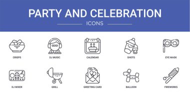 Cipsler, dj müzik, takvim, shot, göz maskesi, dj karıştırıcı, rapor için ızgara vektör simgeleri, sunum, diyagram, web tasarımı, mobil uygulama gibi 10 ana hatlı web partisi ve kutlama simgeleri kümesi