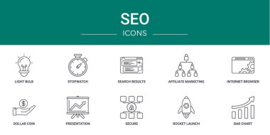 Ampul, kronometre, arama sonuçları, bağlı pazarlama, internet tarayıcısı, dolar para, sunum vektör simgeleri gibi 10 ana hatlı web seo simgesi seti
