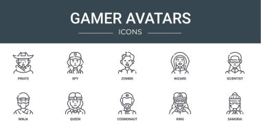 Rapor için 10 ana hatlı web oyunu avatarı simgesi: korsan, casus, zombi, sihirbaz, bilim adamı, ninja, kraliçe vektör simgesi, sunum, diyagram, web tasarımı, mobil uygulama