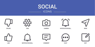 Rapor, sunum, diyagram, web tasarımı, mobil uygulama gibi 10 ana hatlı sosyal simge seti, ting, kamera, bildirim çanı simgesi gönder