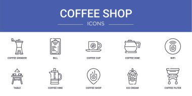 Kahve öğütücü, fatura, kahve fincanı, hine, wifi, tablo, hine vektör simgeleri gibi 10 ana hatlı kahve dükkanı simgesi seti, sunum, diyagram, web tasarımı, mobil uygulama