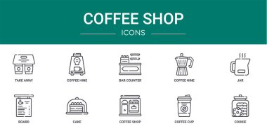 Rapor için 10 taslak web kahve dükkanı simgesi, paket servisi, kahve parkı, bar tezgahı, kahve parkı, kavanoz, pano, pasta vektör simgesi, sunum, diyagram, mobil uygulama gibi