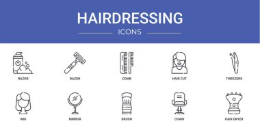 Rapor, sunum, diyagram, web tasarımı, mobil uygulama, jilet, tarak, saç kesimi, cımbız, peruk, ayna vektör simgeleri gibi 10 ana hatlı kuaför ikonu seti