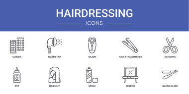 Rapor, sunum, diyagram, web tasarımı, mobil uygulama, saç düzleştirici, makas, boya, saç kesim vektör simgeleri gibi 10 ana hatlı kuaför ikonu seti
