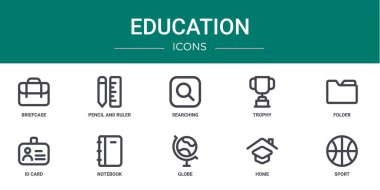 Rapor için dosya, kalem ve cetvel, arama, kupa, klasör, kimlik kartı, defter vektör simgeleri, sunum, diyagram, web tasarımı, mobil uygulama gibi 10 ana hatlı web eğitim simgesi seti