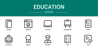 Ajanda, site, laptop, karatahta, sınav, sırt çantası, rapor, sunum, diyagram, web tasarımı, mobil uygulama gibi 10 ana hatlı web eğitim simgesi seti