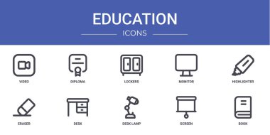 Rapor için video, diploma, dolap, monitör, fosforlu kalem, masa vektörü, sunum, diyagram, mobil uygulama gibi 10 ana hatlı web eğitim simgesi seti