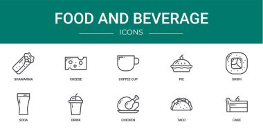 Rapor için 10 ana hatlı web yiyecek ve içecek ikonu: shawarma, peynir, kahve fincanı, pasta, sushi, soda, içecek vektör simgeleri, sunum, diyagram, web tasarımı, mobil uygulama