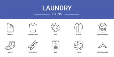 Rapor için çamaşır suyu, çamaşır poşeti, ıslak spor ceket, çamaşır sepeti, çorap, çamaşır mandalı vektör simgeleri, sunum, diyagram, web tasarımı, mobil uygulama gibi 10 ana hatlı çamaşır ikonu seti