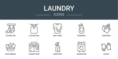 Çamaşır ipi, çamaşır ipi, çamaşır ipi, kirli gömlek, deterjan, el yıkama, sabun köpükleri, rapor için çamaşırhane vektör simgeleri, sunum, diyagram, web tasarımı gibi 10 ana hatlı çamaşır ikonu seti,