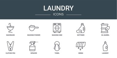 Rapor, sunum, diyagram, web tasarımı, mobil uygulama gibi 10 ana hatlı web çamaşır ikonu seti, lavabo, çamaşır tozu, yumuşatıcı, yağ fıçısı, giysi mandalı, sprey vektör simgeleri