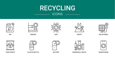 Rapor için 10 ana hatlı web geri dönüşüm simgesi (bio, lağım, çip, atık, güneş paneli, toksik atık, plastik şişe vektör simgesi, sunum, diyagram, web tasarımı, mobil uygulama)