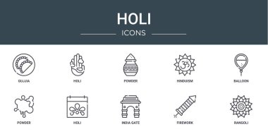 Rapor, sunum, diyagram, web tasarımı, mobil uygulama gibi 10 ana hatlı sanal simge seti (gujjia, holi, toz, hinduizm, balon, toz, holi vektör simgeleri)
