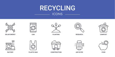Güneş enerjisi, konserve, araştırma, gübre, fabrika, plastik torba vektör simgeleri, sunum, diyagram, web tasarımı, mobil uygulama gibi 10 ana hatlı web geri dönüşüm simgesi seti