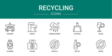 Rapor, sunum, diyagram, web tasarımı, mobil uygulama, taşınabilir uygulama gibi 10 ana hatlı web geri dönüşüm simgesi seti: ezici, musluk, karbon dioksit, faraş, cam, silindir, dizin vektör simgeleri