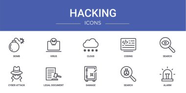 Bomba, virüs, bulut, kodlama, arama, siber saldırı, rapor, sunum, diyagram, mobil uygulama gibi 10 ana hatlı web hack simgesi seti