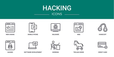 Rapor, sunum, diyagram, tasarım, mobil uygulama, mobil uygulama gibi 10 ana hatlı web hack simgesi seti