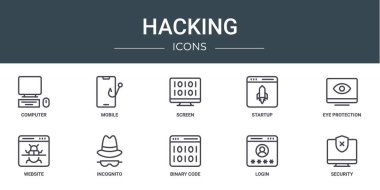 Bilgisayar, mobil, ekran, başlangıç, göz koruma, web sitesi, rapor, sunum, diyagram, web tasarımı, mobil uygulama gibi 10 ana hatlı web hack simgesi seti