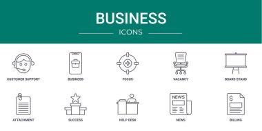 Rapor, sunum, diyagram, web tasarımı, mobil uygulama gibi 10 ana hatlı iş simgesi seti: Müşteri desteği, ticaret, odak, boşluk, tahta standı, eklenti, başarı vektör simgeleri