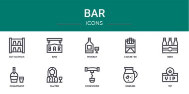Şişe rafı, bar, viski, sigara, bira, şampanya, rapor için garson vektör simgeleri, sunum, diyagram, web tasarımı, mobil uygulama gibi 10 ana hatlı web bar simgesi seti