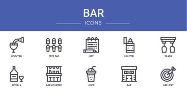 Rapor, sunum, diyagram, web tasarımı, mobil uygulama gibi 10 ana hatlı web bar simgesi seti: kokteyl, bira tap, liste, çakmak, bardak, tekila, bar sayaç simgesi
