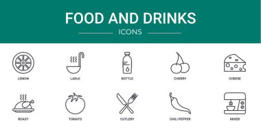 Rapor için limon, kepçe, şişe, kiraz, peynir, rosto, domates vektör simgeleri, sunum, diyagram, web tasarımı, mobil uygulama gibi 10 ana hatlı web yiyecek ve içecek ikonu.