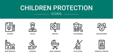 Boşanma, polis, protesto, oyun alanı, kötü muamele, bebek monitörü, rapor için engelli vektör simgeleri, sunum, diyagram, web tasarımı, mobil tasarım gibi 10 ana hatlı çocuk koruma ikonu seti