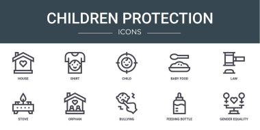 Ev, gömlek, çocuk, bebek maması, hukuk, soba, raporlama için yetim vektör simgeleri, sunum, diyagram, web tasarımı, mobil uygulama gibi 10 ana hatlı çocuk koruma simgesi seti