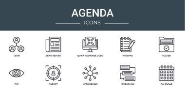 Takım, haber raporu, hızlı yanıt kodu, not defteri, dizin, göz, rapor için hedef vektör simgeleri, sunum, diyagram, web tasarımı, mobil uygulama gibi 10 ana hatlı web gündem simgesi seti