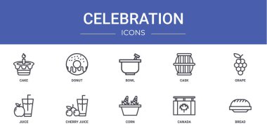 Rapor için pasta, çörek, kase, fıçı, üzüm, meyve suyu, kiraz suyu ikonu, sunum, diyagram, web tasarımı, mobil uygulama gibi 10 ana hatlı web kutlama ikonu seti