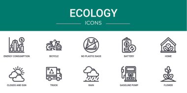 Enerji tüketimi, bisiklet, plastik poşet yok, pil, ev, bulut ve güneş, rapor için kamyon vektör simgeleri, sunum, diyagram, web tasarımı, mobil uygulama gibi 10 ana hatlı ekoloji ikonu